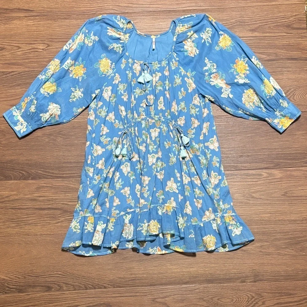 Free People Blue Ruffled Sundress with Square Neck Size: Small
